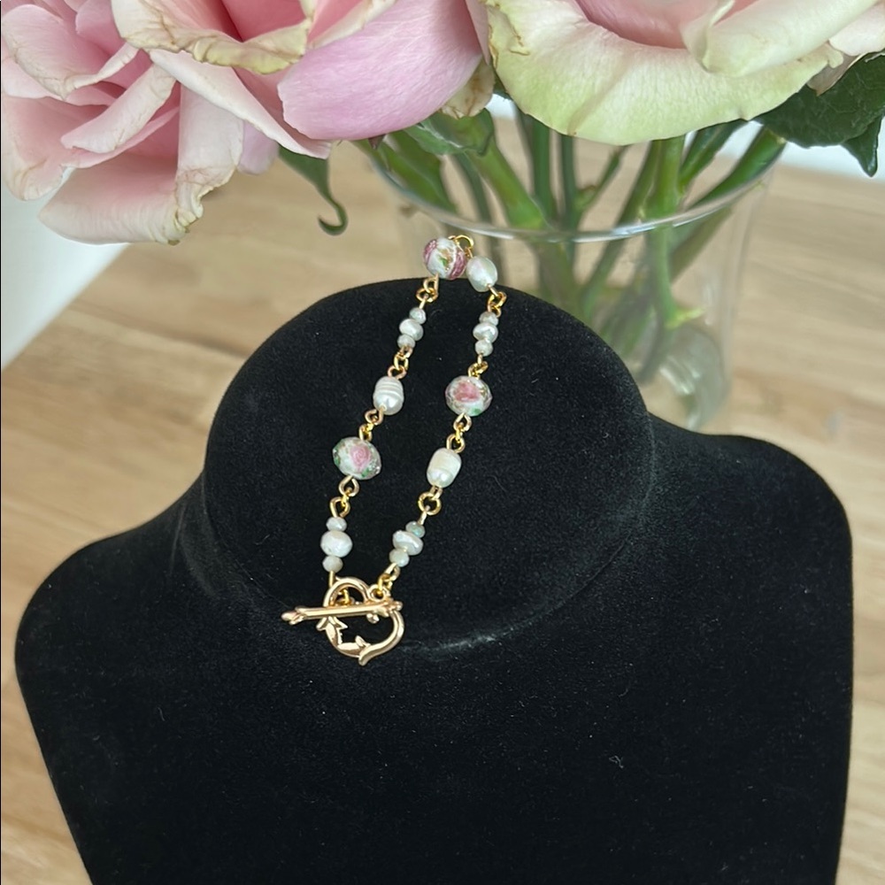 Handmade  Gold, floral and Pearl bracelet